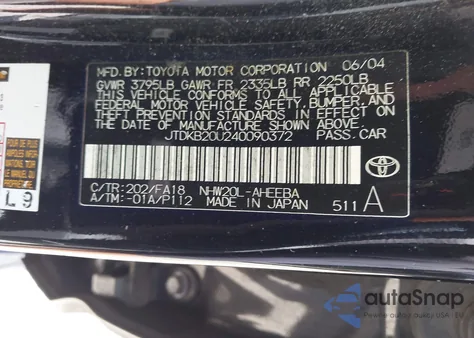 2004 Toyota Prius from USA, damaged, VIN JTDKB20U240090372